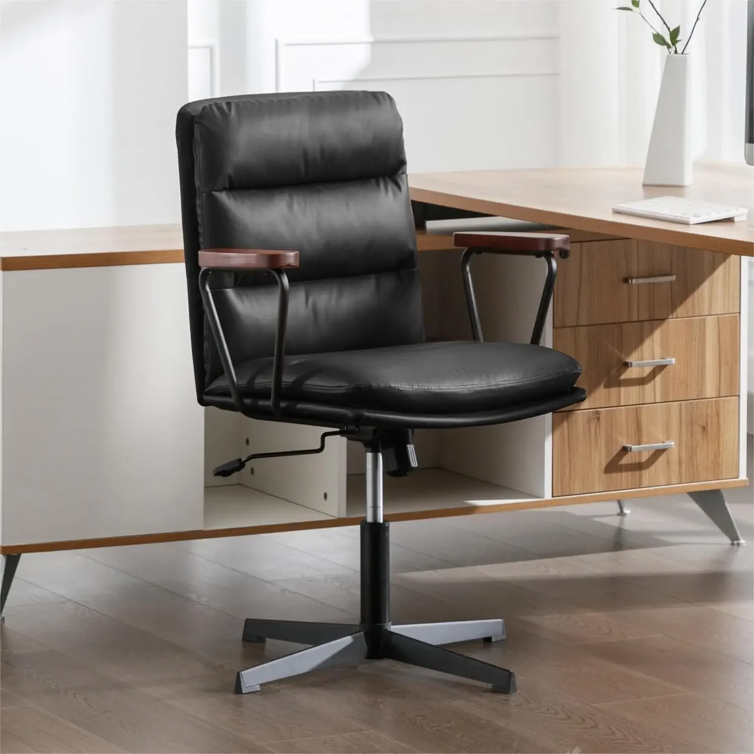 

Office Desk Chair No Wheels, PU Padded Criss Cross Chair with Wooden Armrests, Ergonomic Mid Back Adjustable Computer Chair