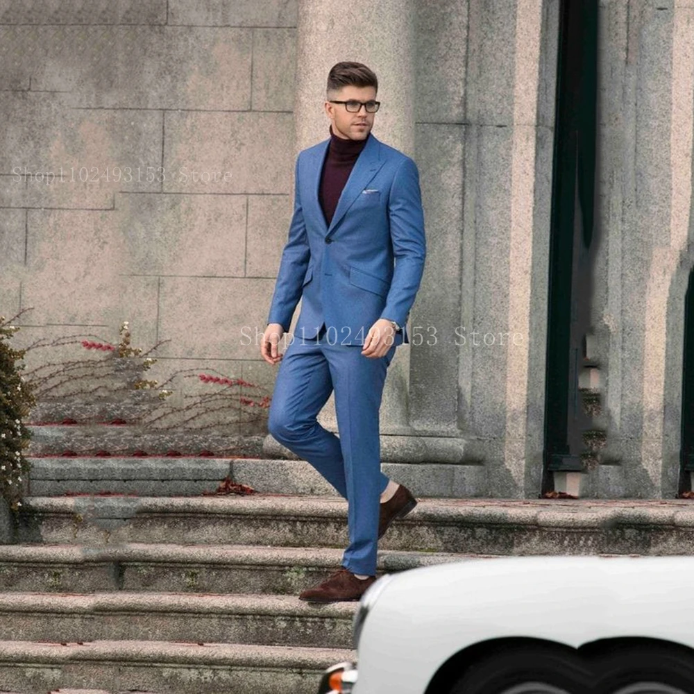 

New Fashion Blue Men Suits Slim Fit 2 Pieces Peak Lapel Elegant Formal Classic Best Men Male Wedding Suits Set Trajes De Hombre