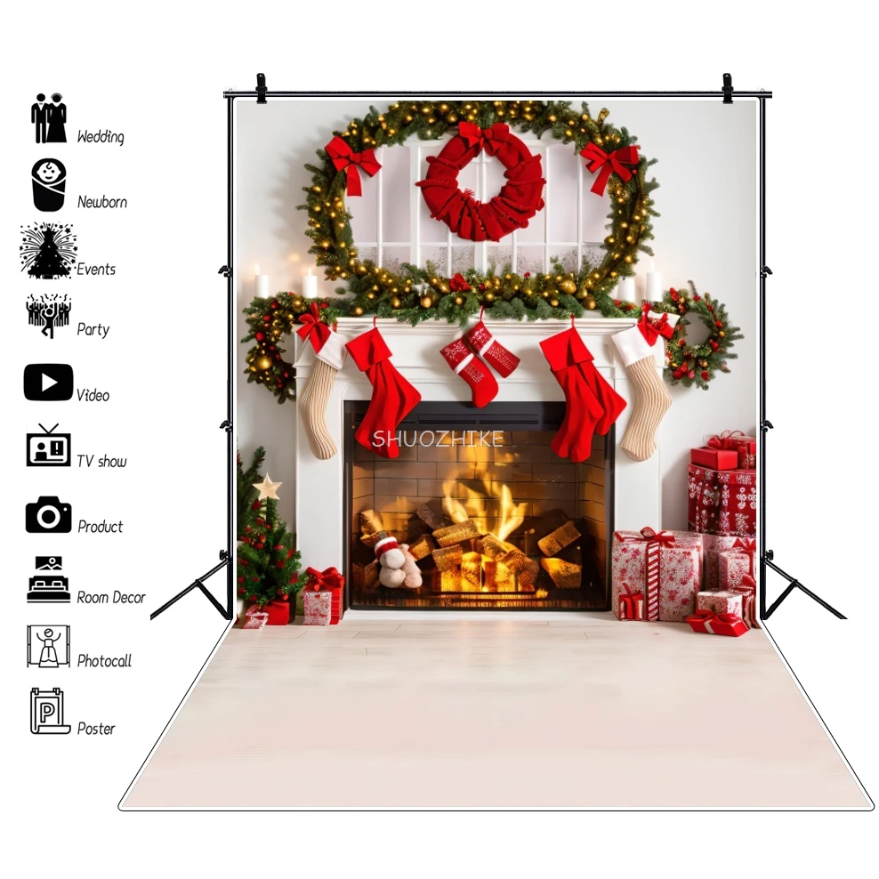 

Christmas Backdrop Photography Winter Fireplace Fire Xmas Tree Window Stockings Gifts Family Party Baby Portrait Background