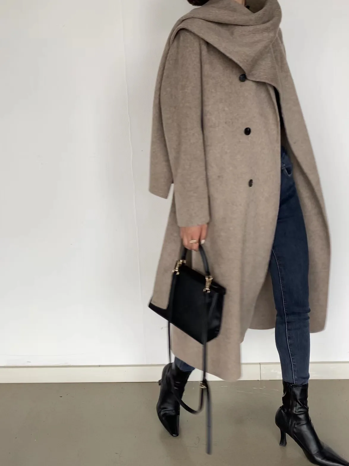Winter women's casual solid color scarf, double-sided 100% wool coat, double breasted light luxury long jacket