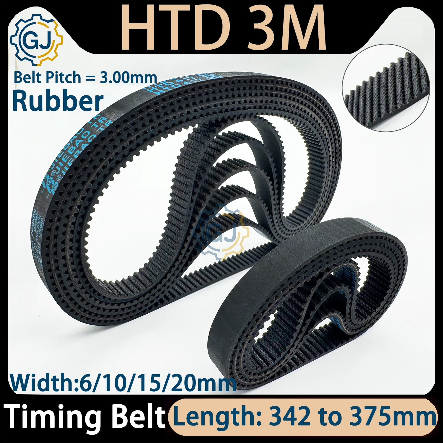 HTD 3M Timing Belt Length 342 345 348 351 354 357 360 363 369 372 375mm 3M Belt Width 6/10/15/20mm HTD3M Closed Loop Rubber Belt