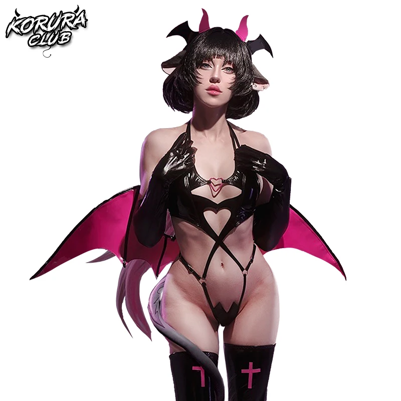 

KORURACLUB Women's Sexy Little Devil Rose Red Succubus Uniform cosplay Costume lingerie PU Material Bat Wings (6-Piece Set)