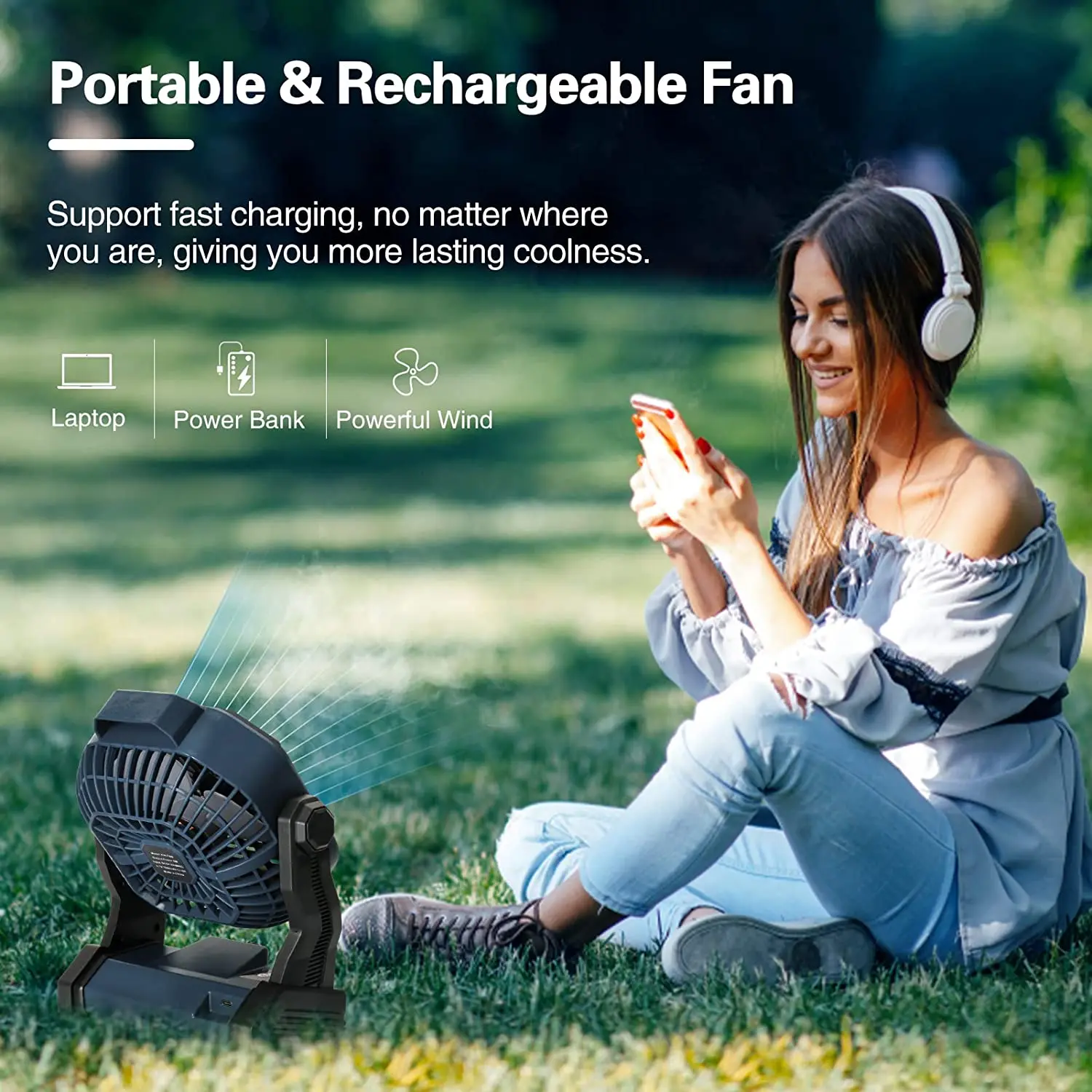 Camping Fan Rechargeable Battery Powered Fan W/ LED Light 270° Rotation USB Battery Operated Tent Fan W/ Hook for Picnic Fishing