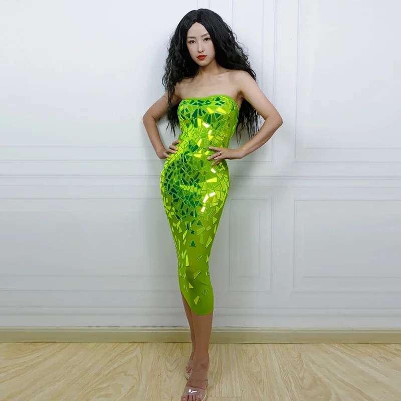 กระพริบผู้หญิงปาร์ตี้กระจกชุดเลนส์สีเขียวชุดราตรีวันเกิดเฉลิมฉลองเครื่องแต่งกายเวทีเทศกาลชุดคลับแวร์ XS6626