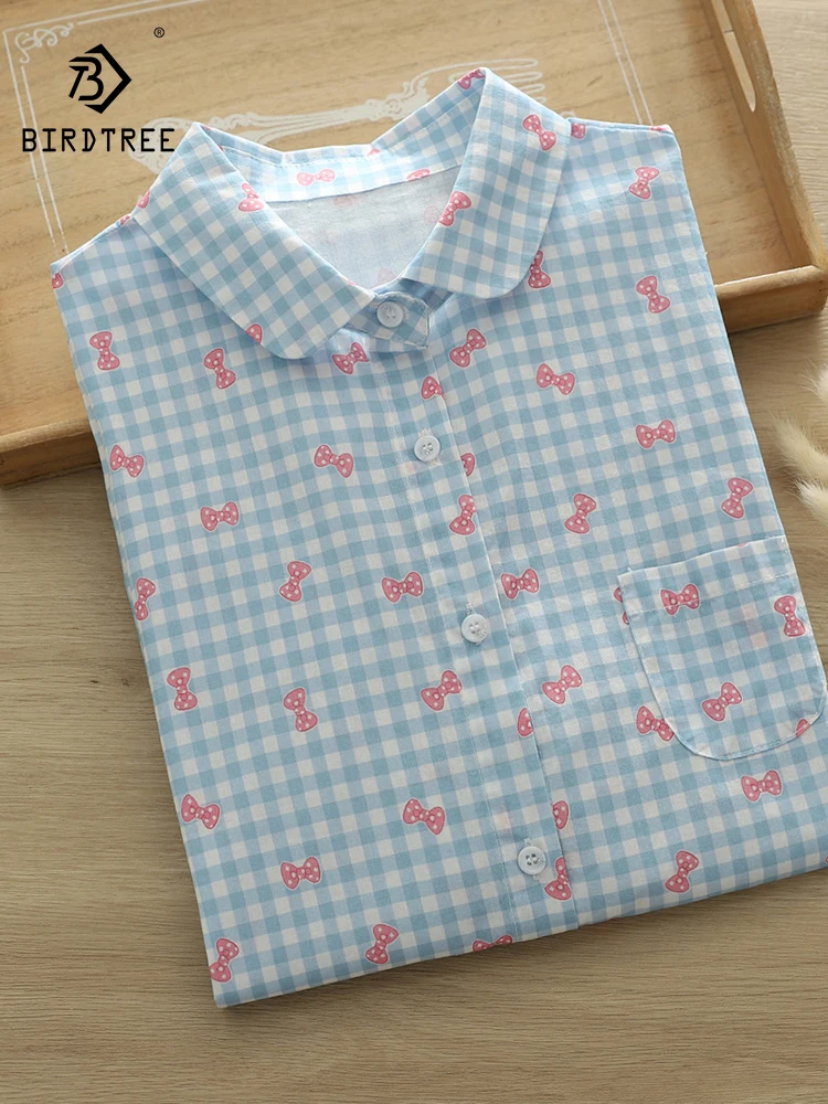 

New 2026 Summer Women Cotton Short Sleeve Shirt, Turn-down Collar Bow Plaid Print, Mori Girl Age Reduction Loose Blouse T65726CC