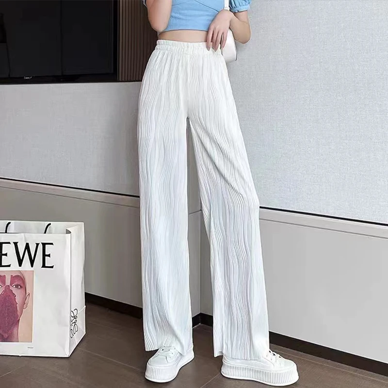 

Spring Summer Women Ice Silk Wide Leg Pants Solid Color High Waist Pleated Female Straight Pants Casual Loose Ladies Trousers