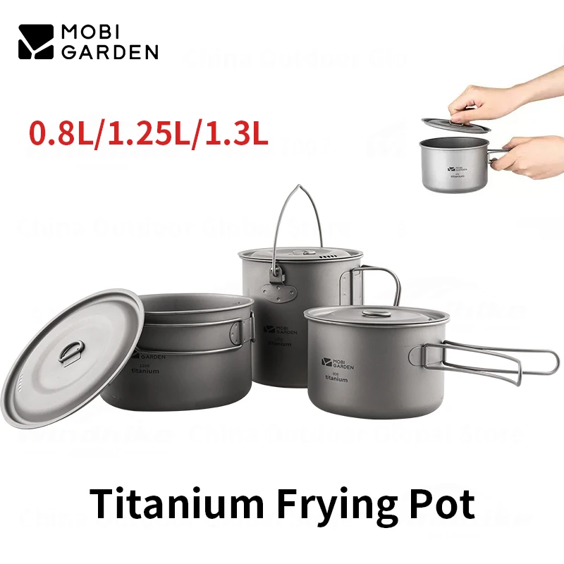 MOBI GARDEN Camping Picnic Cooking Pot Titanium Cookware 1.3L/1.2L/0.8L Ultralight With Cover Outdoor Foldable Handle Frying Pan