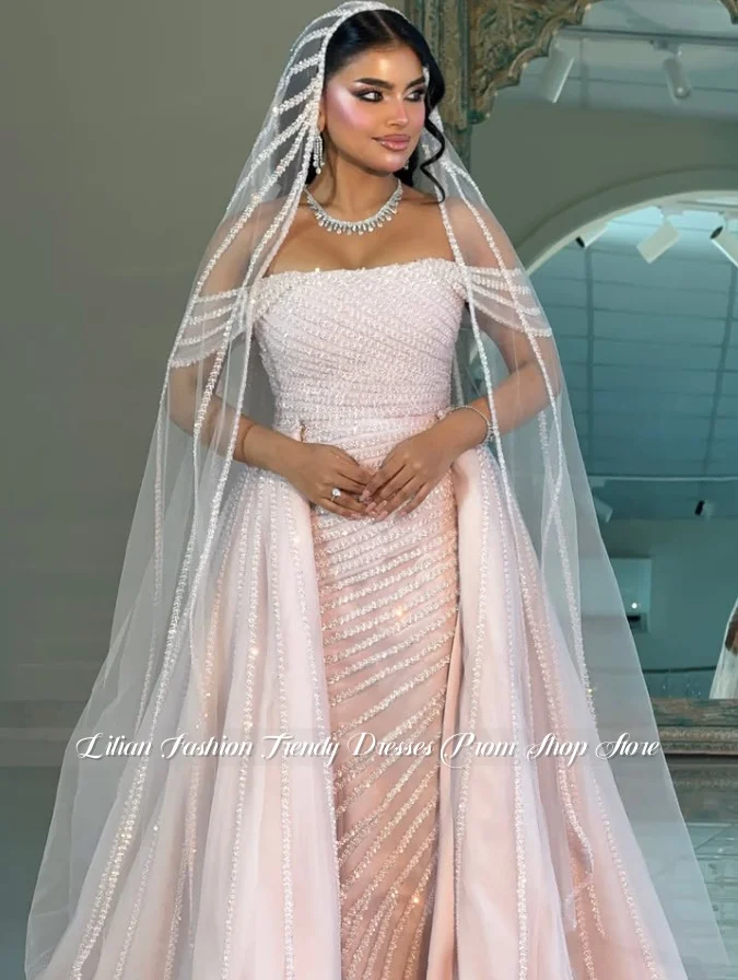 Pink Off-Shoulder Dreamy Beaded Wedding Dress Customized Middle Eastern Arab Bridal Gown Henna Night Elegant Wedding 2026