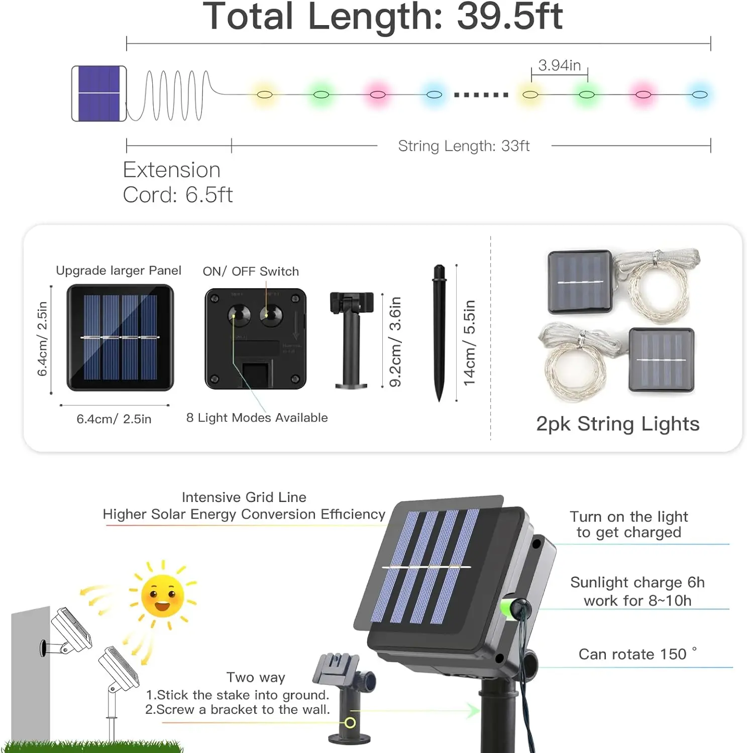 2 Pack 33ft Solar Fairy String Lights Small, 100 Led Multicolor Solar Fairy Lights Outdoor, Solar Christmas Lights Copper