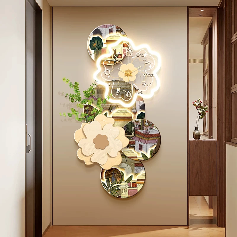 Mid-century modern entryway decor with French clock-inspired wall art and vintage illuminated wall panels