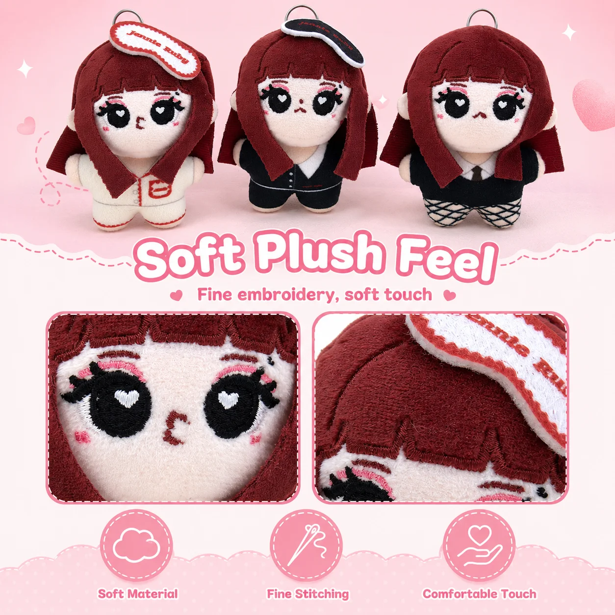 Cute Jennie Ruby Plush Keychain Red Brown Hair Girl Bag Charm Heart Eye Stuffed Toy Pendant Viral Trending Gift view 3