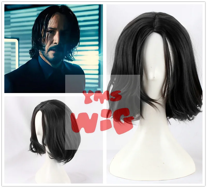 男性と女性のための短い黒いジョンウィックコスプレウィッグ,耐熱繊維,キャップ,日常使用,パーティー