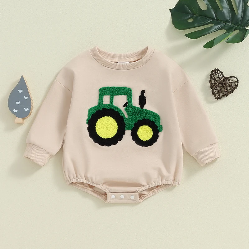 Baby Boy Sweatshirt Romper Fall Winter Clothes Outfits Farm Tractor Embroidered Sweater Long Sleeve Bubble Romper Bodysuit