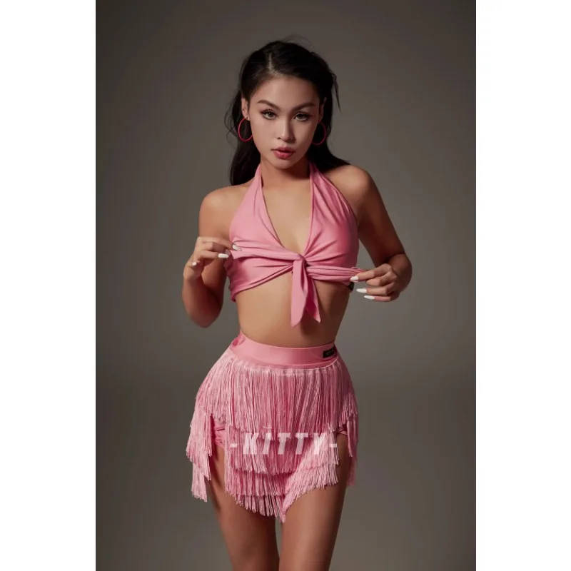 

Customized Pink Tie Top Basic Tassel Skirt Set Latin Practice Dress Latin Dance Dress Women Suit