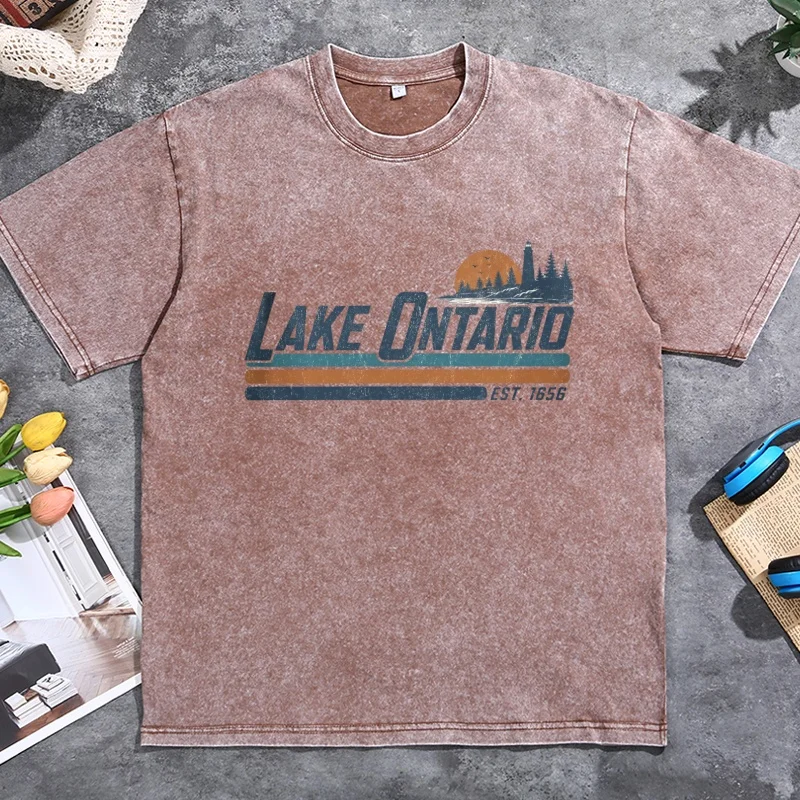 Lake Ontario Great Lakes T-Shirts Vintage Washed Cotton Gulf of Mexico Graphic T Shirts Man Woman Crewneck High Quality Tees