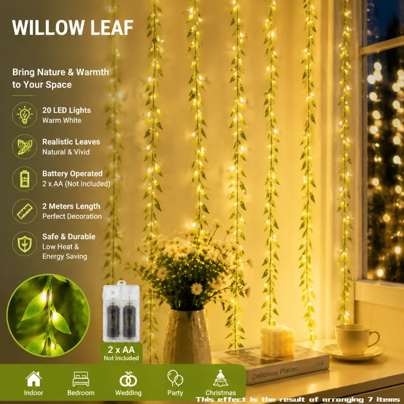 2M 20 LED Willow Vine Curtain Lamp Battery Operated Decorative Leaf String Lights for Room Basket Wedding Party Home Decor