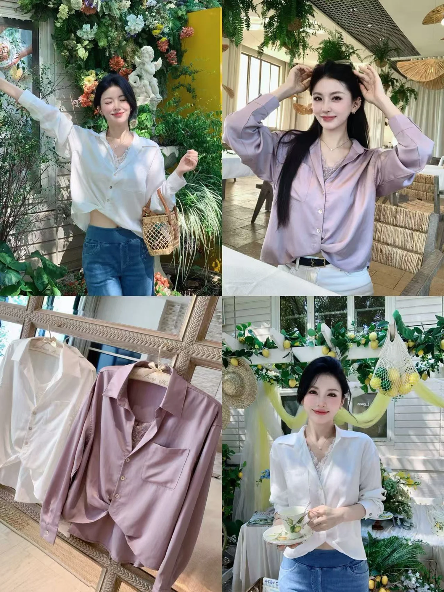 

Romantic Captured Little Elephant 00% Lyocell V-ne Knot Fake Two-piece Lace irt Purple Women's French Sle Loose...