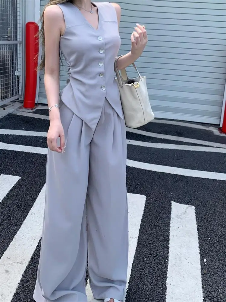

Summer Women Two Piece Set Grey V Neck Single Breasted Sleeveless Short Vest Tops + High Waist Loose Pleated Wide Leg Long Pants
