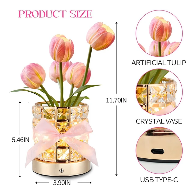 ABUL-LED TULIP ไร้สาย Night Light ฐานคริสตัลหรี่แสงได้พร้อม USB Charge,ไฟกลางคืนขนาดเล็กตกแต่งบ้าน,ไอเดียของขวัญวันเกิด