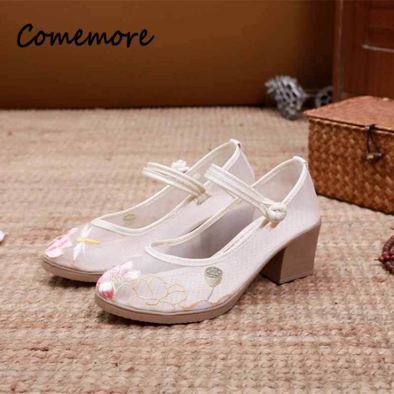 New Chinese Dress Hanfu Shoes Mesh Retro Cloth Shoe Embroidered High Heeled Women\'s Vintage Buttons Pumps Sandals Ladies