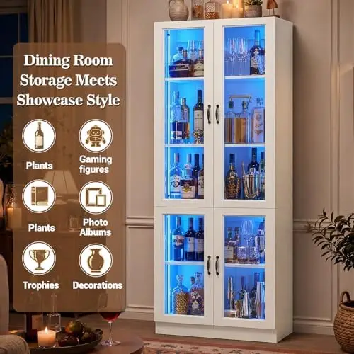 80" Display Cabinet with Glass Doors, 5-Tier Tall Bookcase with LED Light, Glass Display Case with Adjustable Shelves view 6