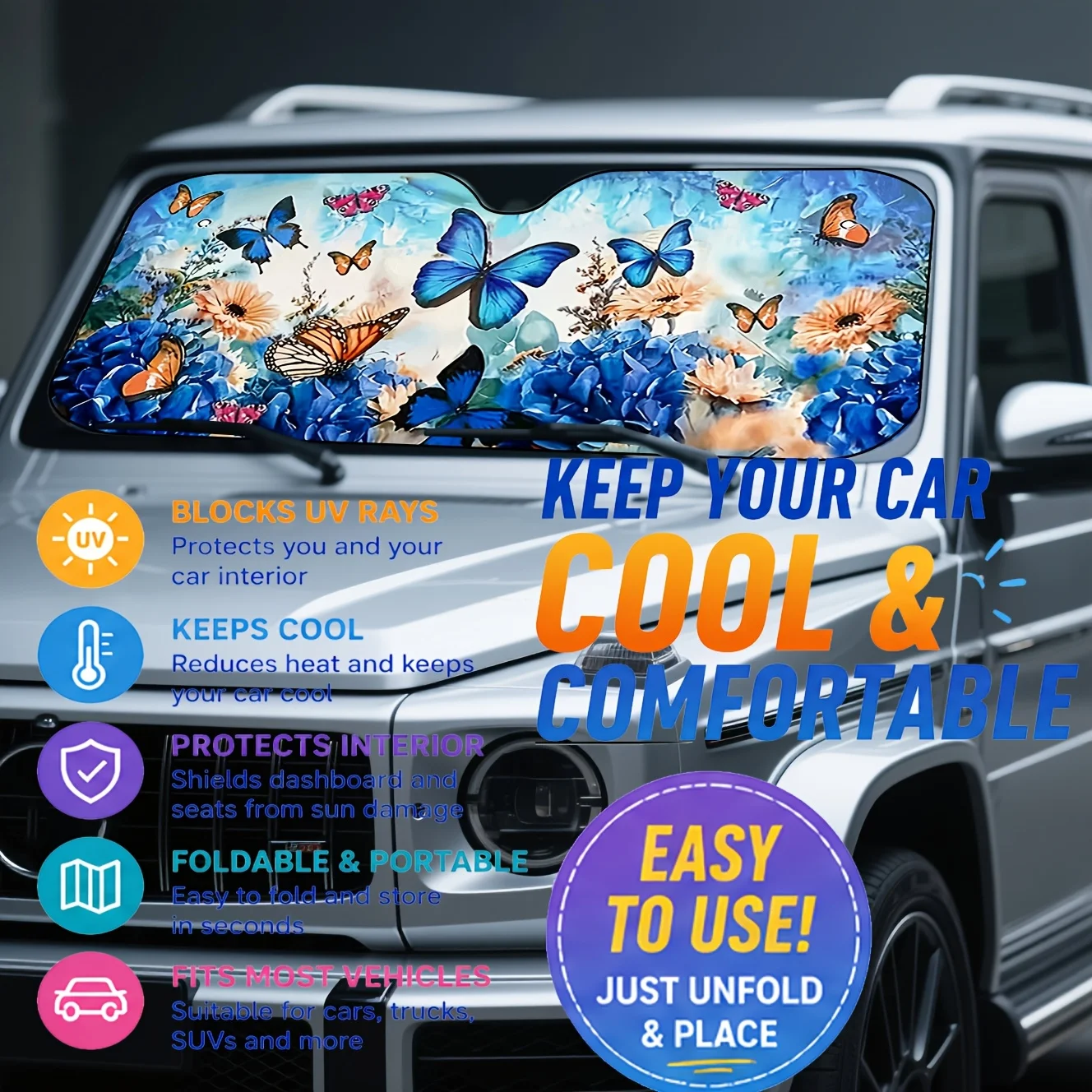 Dream Butterfly Flower Pattern Car Windshield Sunshade Light Sun Protection and Heat Insulation Effectively Block Ultraviolet