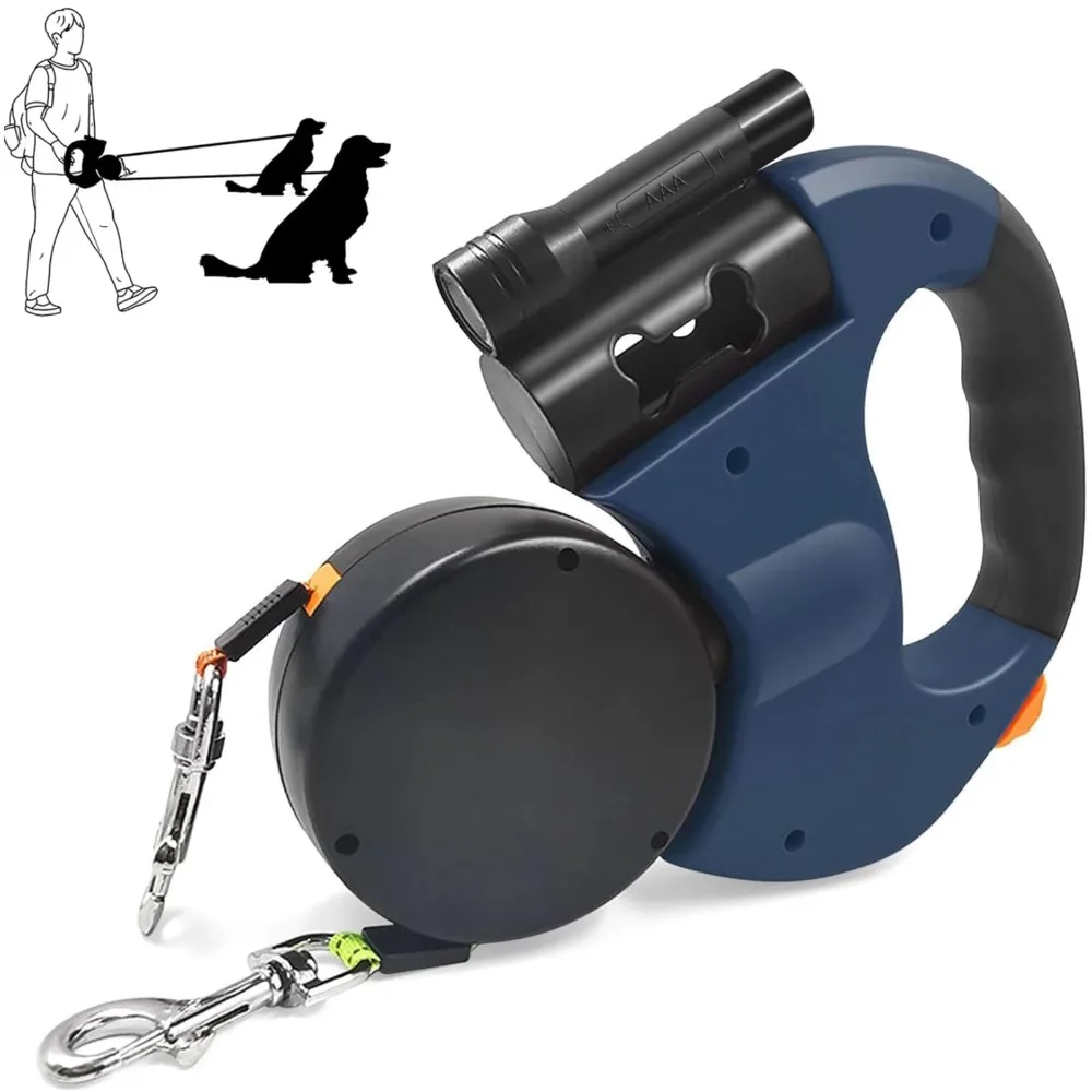 

With Flashlight Dual Dog Retractable Leash Retractable Poop Bag Holder Double Pet Leash LED Lights 360° Rotating