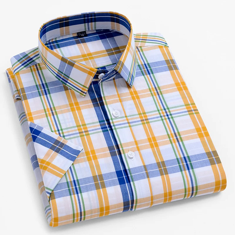 Camisas de algodón a cuadros para hombres, Manga corta sin bolsillo, ajuste estándar, camisas casuales, ropa clásica para jóvenes, ropa diaria