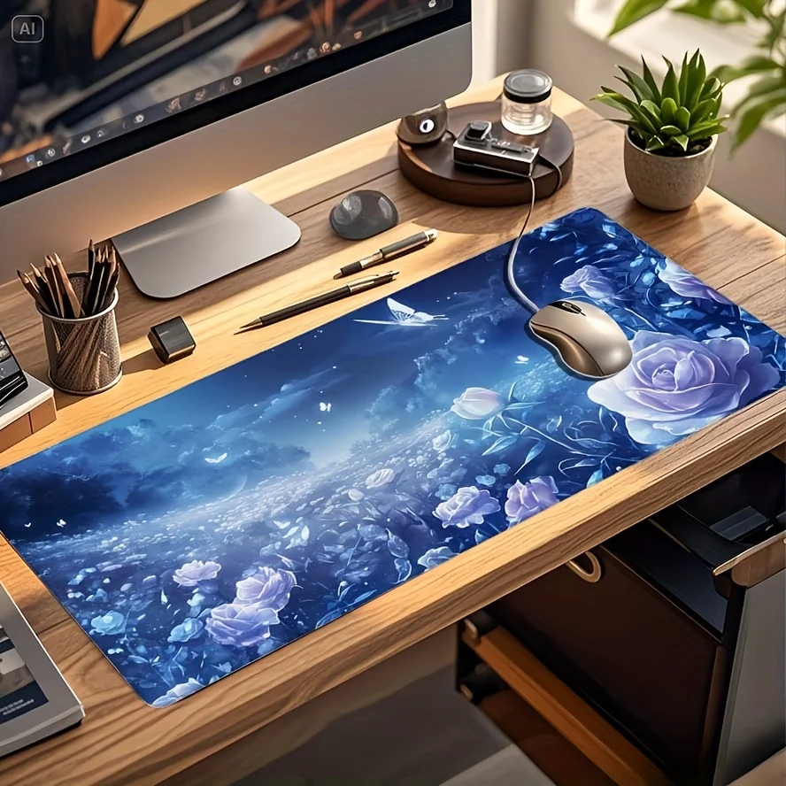 Starry Sky Rose Pattern Extended Mouse Pad Non-Slip Rubber Gaming Keyboard Mat for Office and E-Sports
