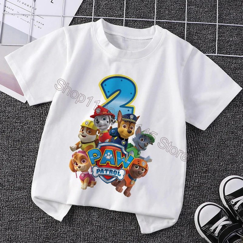 Paw Patrol Kinderkleidung, Geburtstagsnummer 1–10, T-Shirts, Cartoon-bedrucktes T-Shirt, Jungen und Mädchen, kurze Ärmel, Tops, Sommerkleidung