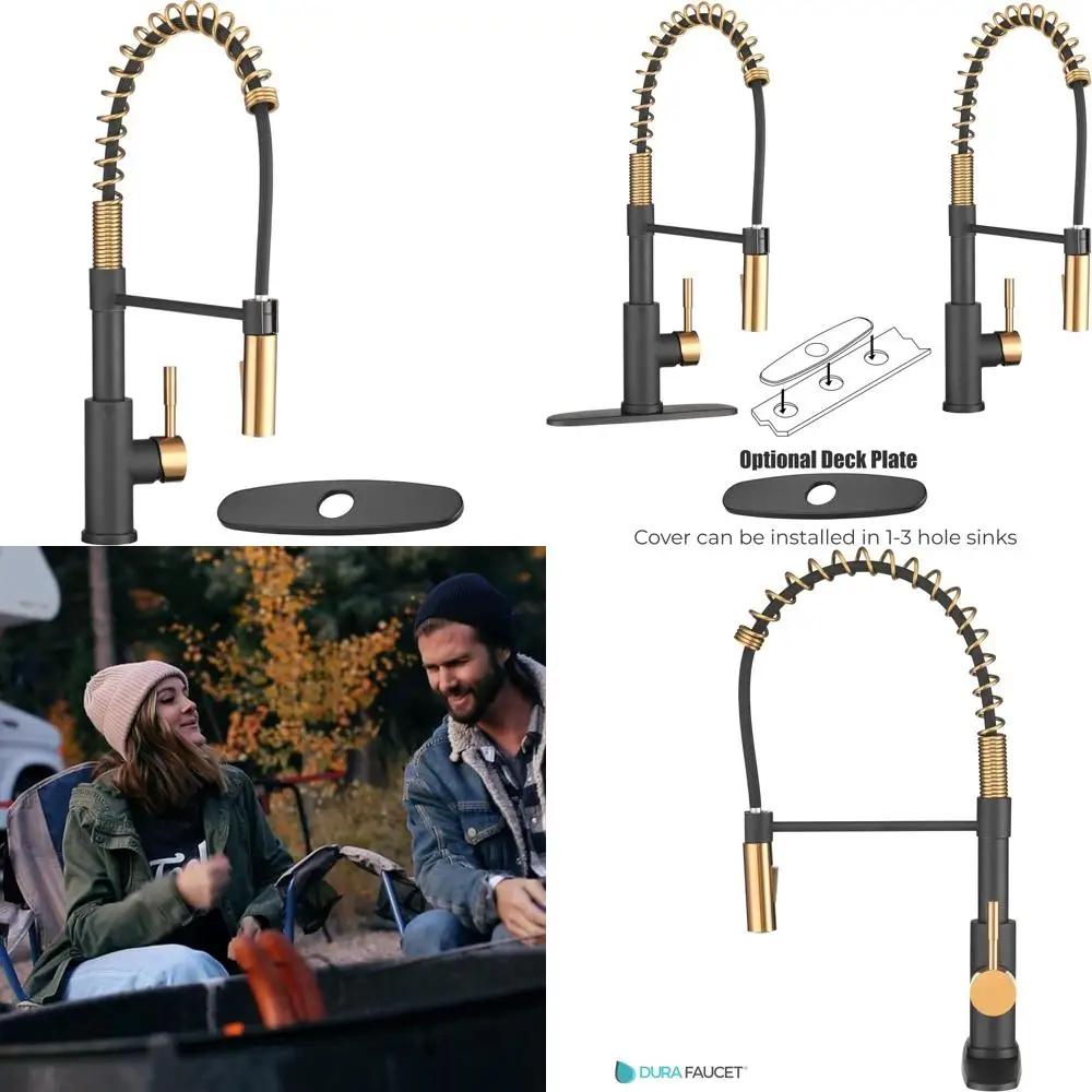 

Матовый черный и розовое золото, поворотный кухонный смеситель с высокой дугой и выдвижным распылением, одной ручкой, дополнительная палубная пластина