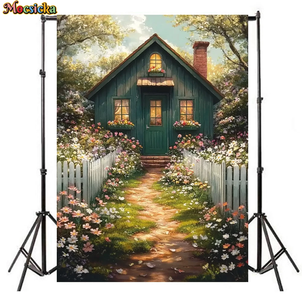 Mocsicka Spring Photography Backdrop Garden Birthday Party Photo Background Flowers Courtyard House Path Pattern Decor Wallpaper