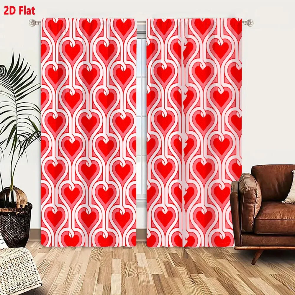 2Pcs Curtains 2D Flat Seamless Retro Heart Pattern With White Chain Outline On Pink Striped Background Window Drapes for Bedroom