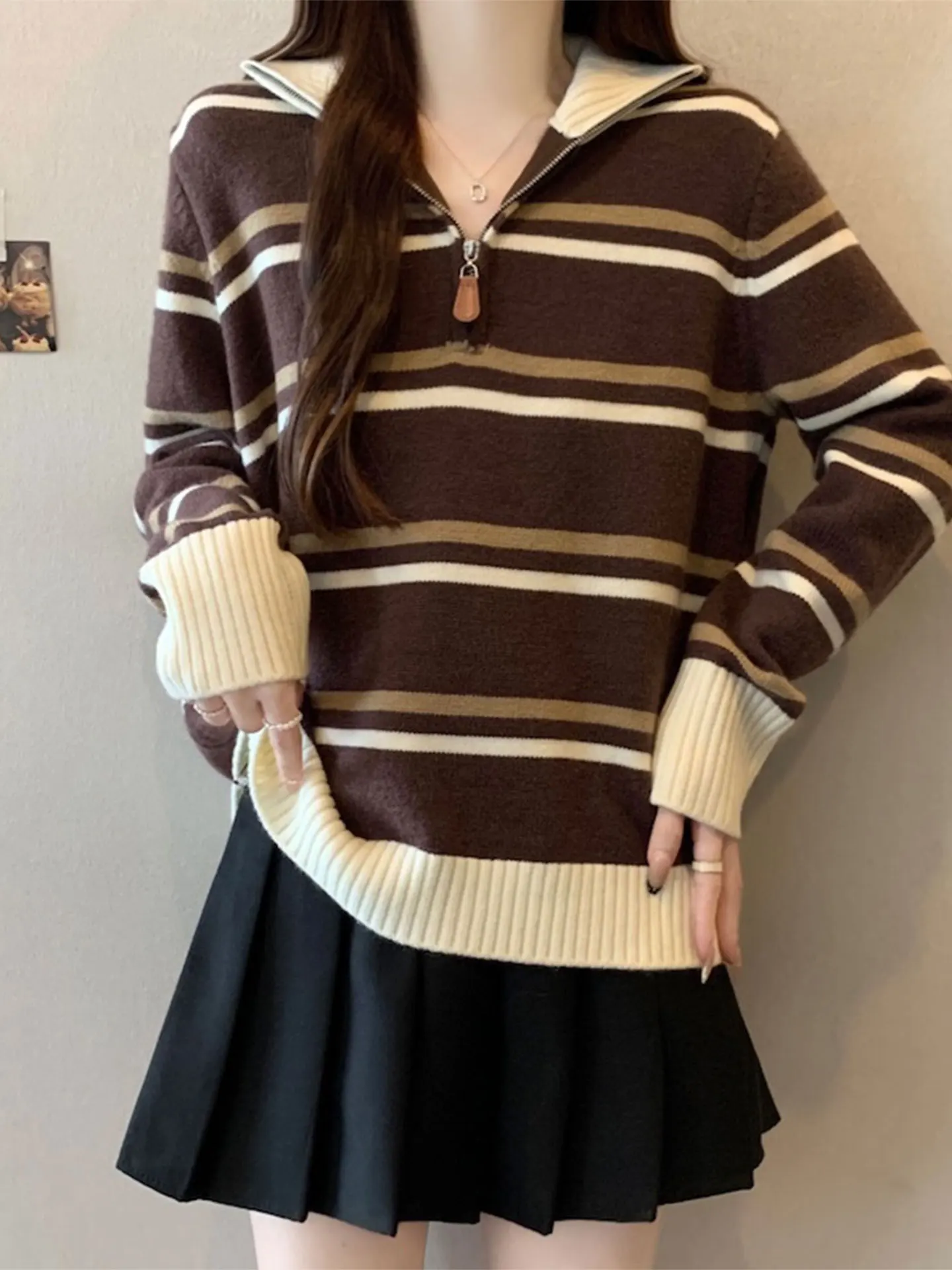 

Women's Long Sve Zipper Ne Striped Sweater Casual Loose Fit Autumn Winter plus Size Faionable Anti-Aging Top