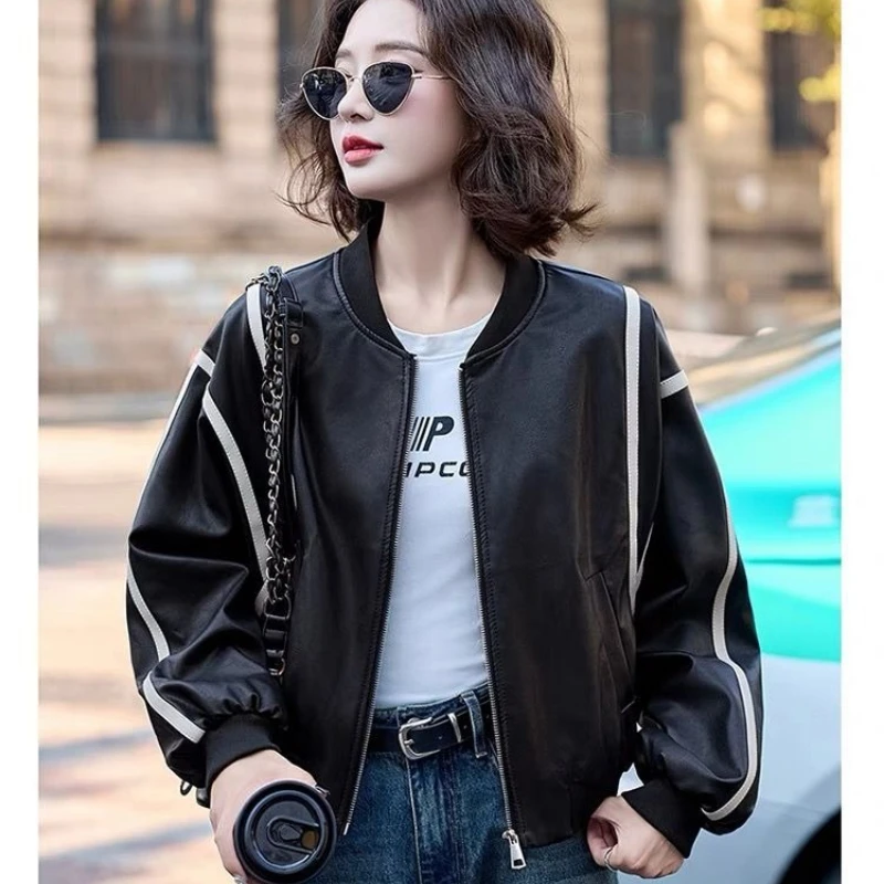 Luxury Designer Patchwork Leather Jacket Women's Spring Autumn Motorcycle Jacket PU Leather Short Coat Casual Loose Tops Black