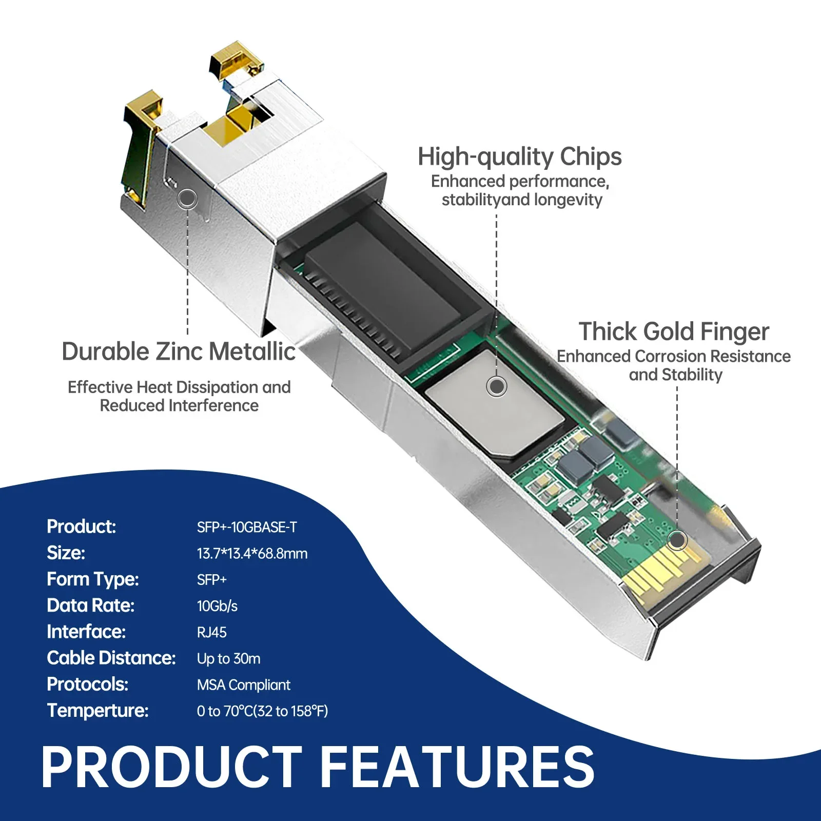 Natalink 10GBASE-T SFP+ to RJ-45 CAT.6a Transceiver Module Auto-Negotiation SFP+ Ethernet Module SFP+ Copper Cable RJ-45 Adapter