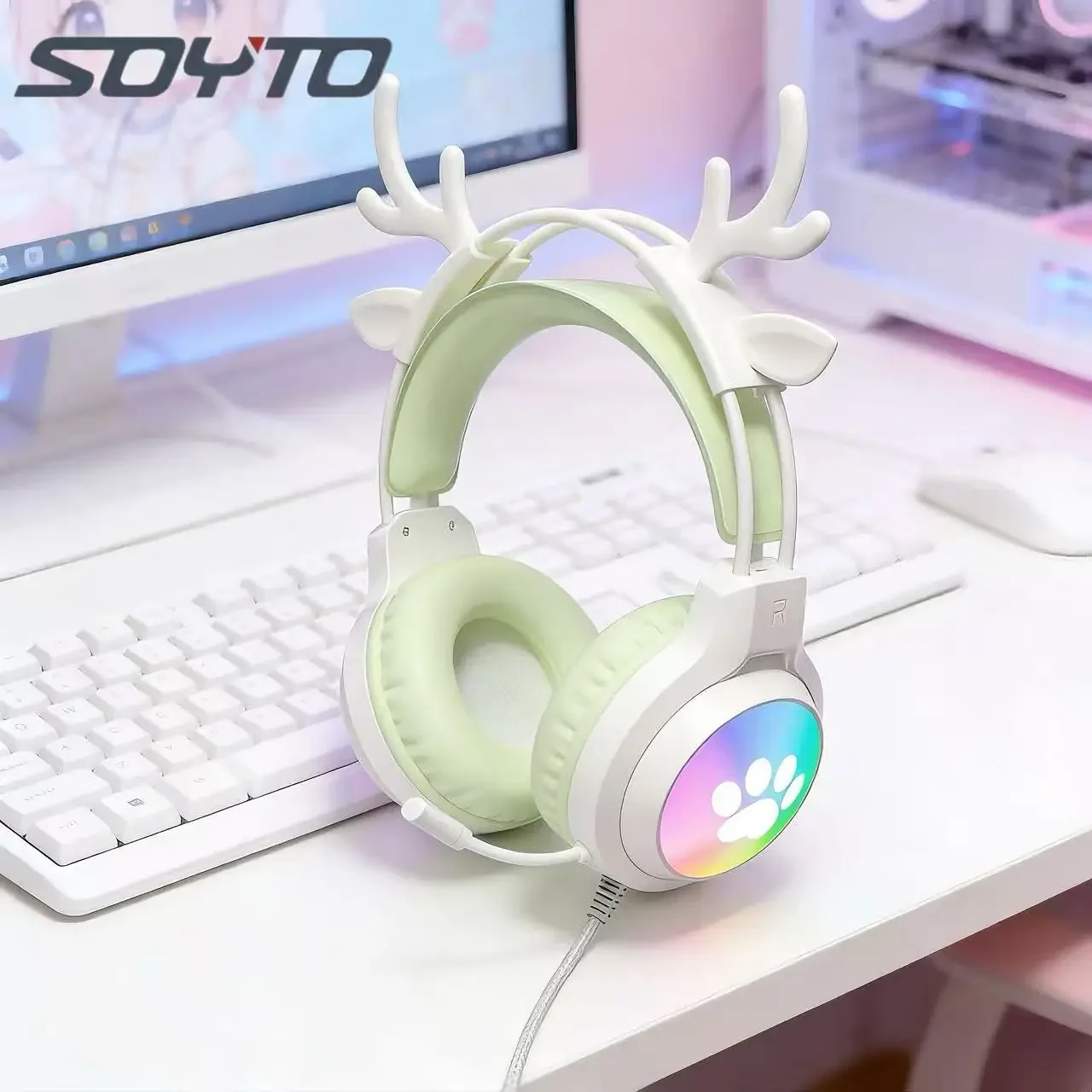 

Игровая гарнитура SOYTO RGB с проводным подключением и съемными ушками оленя, универсальная совместимость для настольных ПК и ноутбуков - Наушники для киберспорта