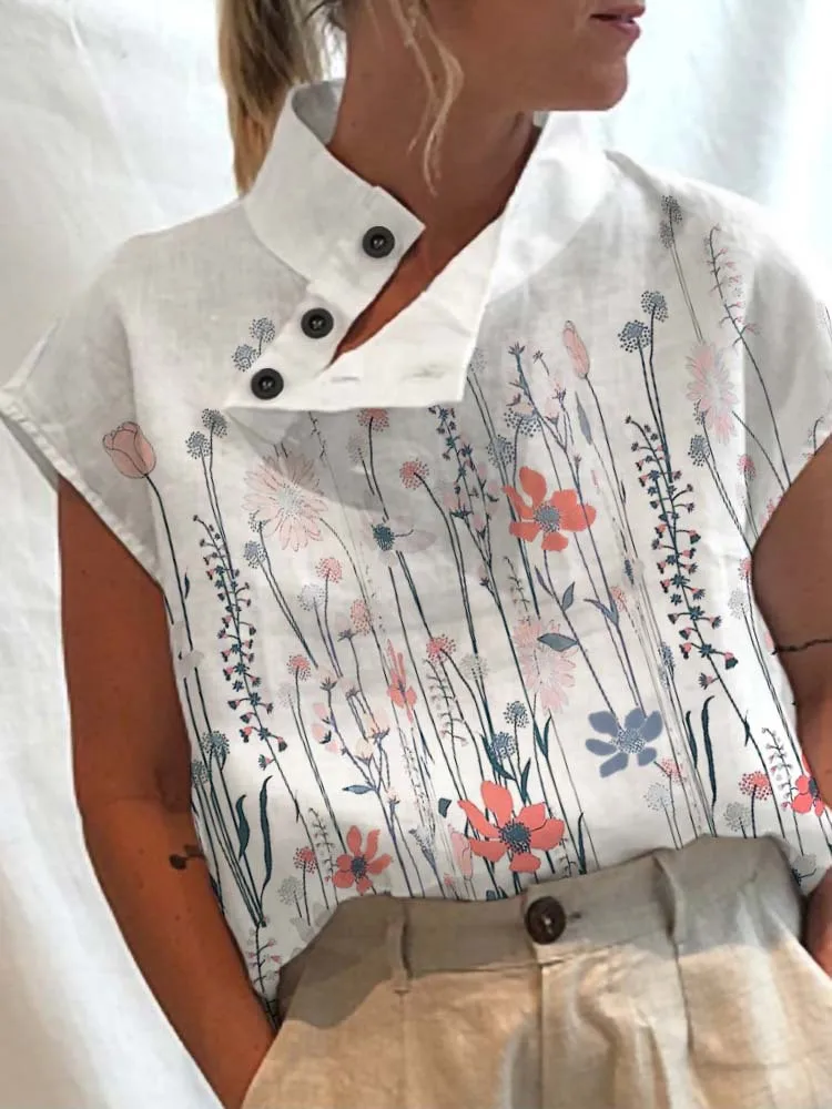 White Blouses Casual Buttons Slit Stand Neck Top Blusas Leisure Summer Blouse Women Tops Vintage Floral Print Short Sleeve