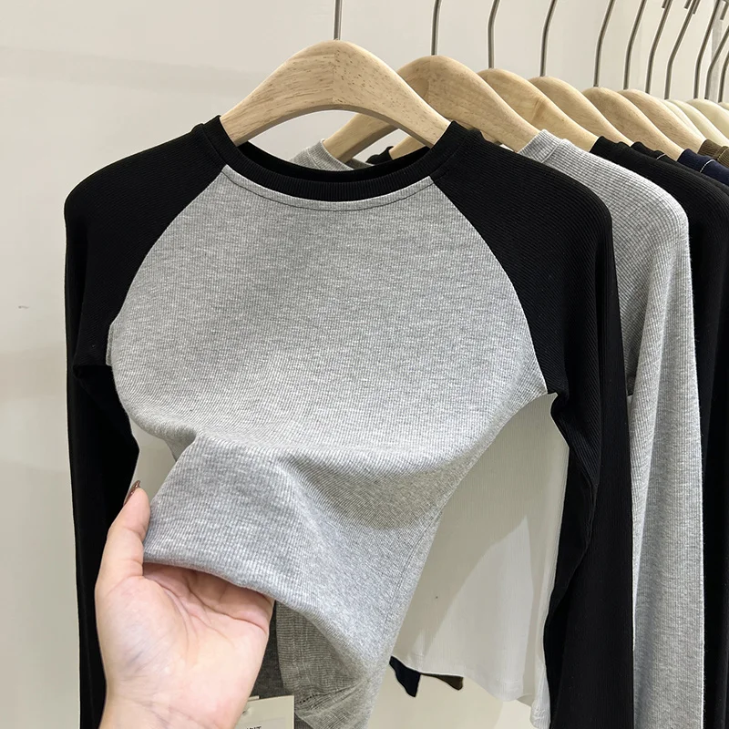 

Skinny Screw Thread Cotton Soft Short T-shirt For Women Fashion Korean Patchwork Long Sleeve Basic Tshirt Female Inner Tops