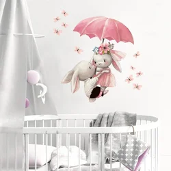 Cartoon Wall Stickers Pink Umbrella Butterfly Bunny in Love for Kids Room Baby Nursery Wall Decals for Girl Room Baby Shower PVC