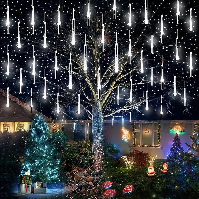 Christmas 2025 New Year 32/24/16/8 Tubes Meteor Shower Rain Lights EU/US Falling Raindrop Fairy String Light for Street Garland