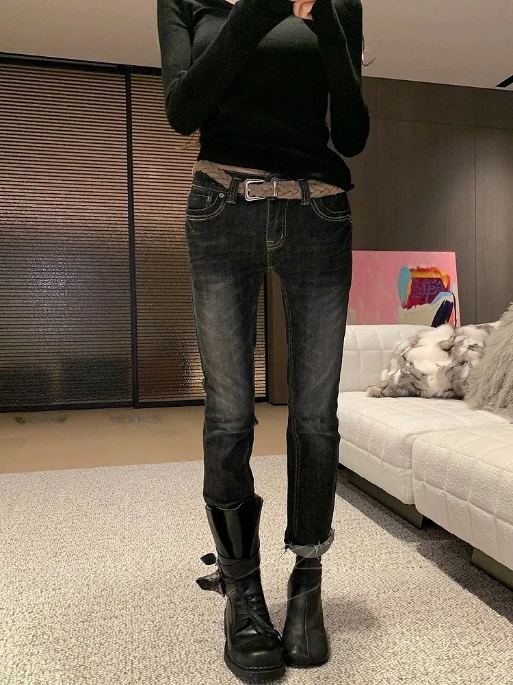 

Bla Denim Retro Waed Slim Fit Jeans Women's Double Bule Elastic Nine Points Pants Faionable Cotton Stretch Denim