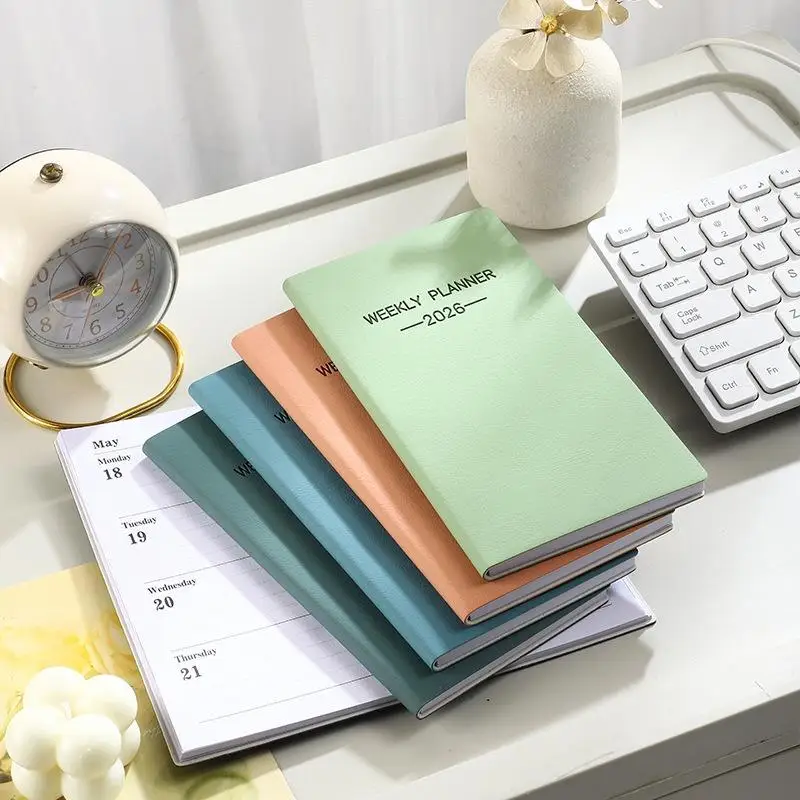 1pc 64 Sheets 128 Page Thin Weekly Calendar Book A6 Size 2026 Daily Planner, Morandi Color Leather Calendar
