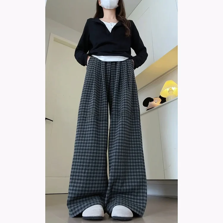 Pantalon en laine à motif de Chboard paresseux rétro pour femme automne hiver nouveau pantalon drapé décontracté à jambes larges taille haute droit...