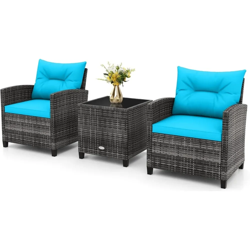 3-piece Terrace Furniture Set, Wicker Bar Dialogue Set, with 2 Cushioned Armchairs and Glass Tabletop Table