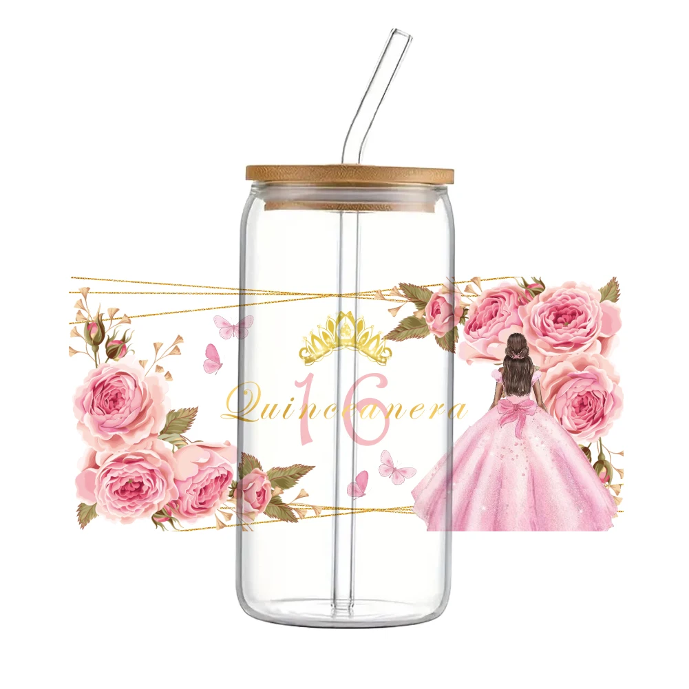 16 compleanno quinceanera per Libbey 16oz Can Glass 3D Waterproof UV DTF Coffee Can Wrap Libbey Glass Wrap