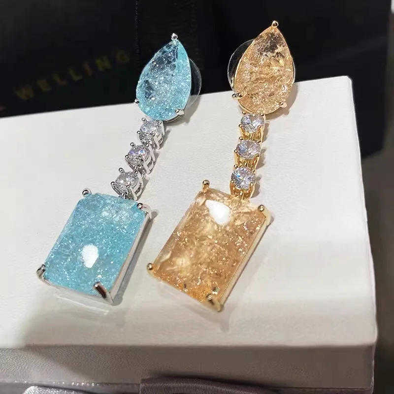 Ice Crack Broken Diamonds Water Droplet Earrings for Women Crystal Light Blue Yellow Square Earring  Banquet Jewelry Accessories