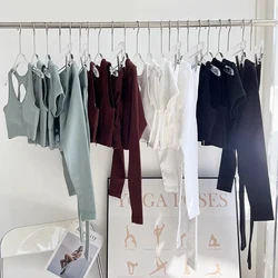 Seamless Yoga Set Ribbed Sports Bra Zipper Crop Top Sportswear High Waisted Long Sleevs Workout Fitness Suit Gym Outfits Clothes