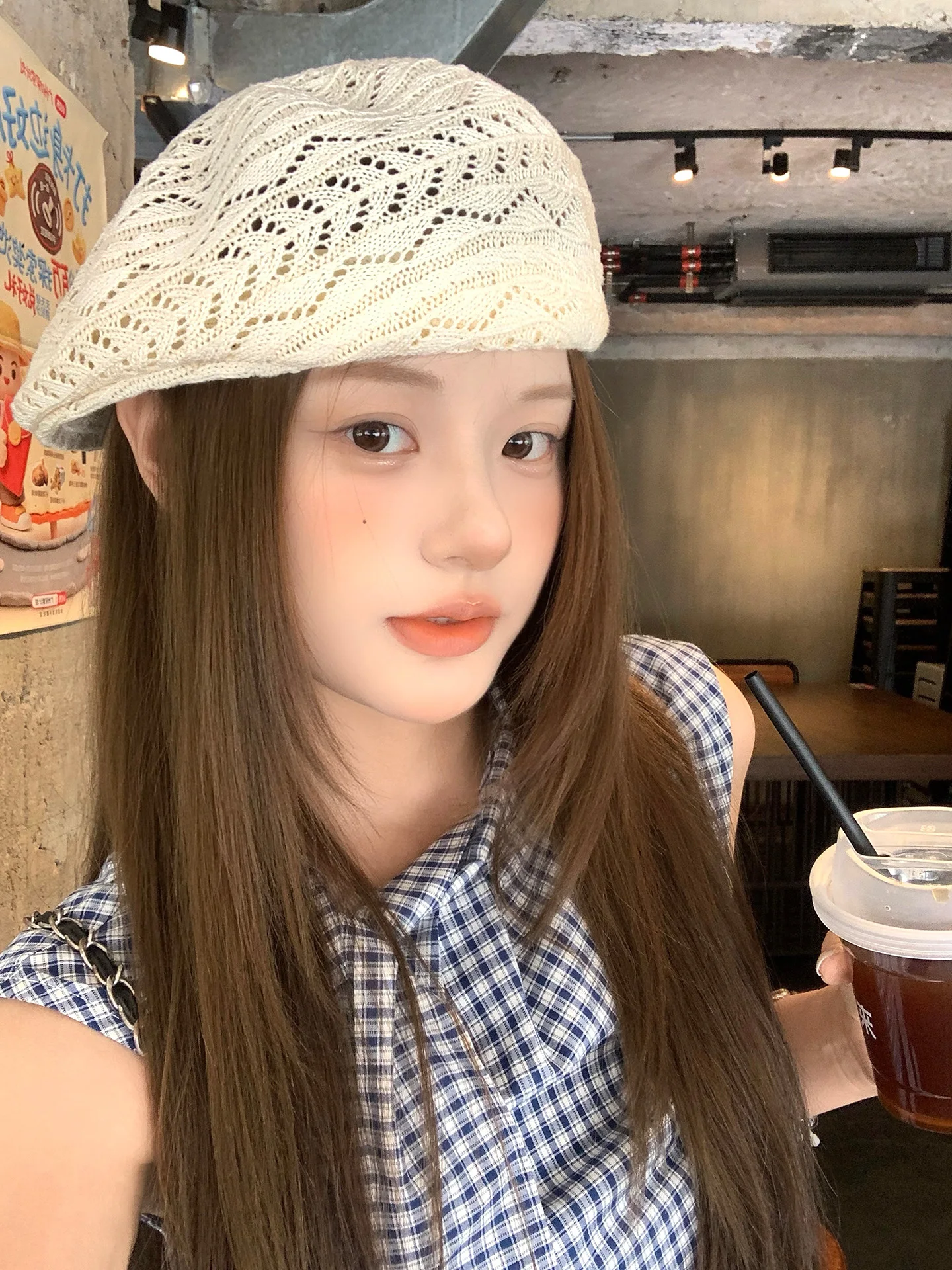 Korean Style Hollow out Beret Hat Women's Spring Summer Thin Breathable Reversible Painter's Hat Face Slimming Large Head Size