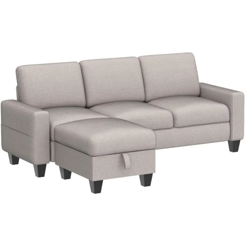 

Modular sofa, 3-seater L-shaped sofa with storage reversible ottoman and pockets, linen fabric upholstered sofa set